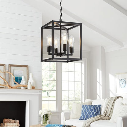Lanhall 4-Light Farmhouse Chandelier Fixture Rustic Industrial Pendant Lighting Adjustable Height Metal Cage E26 Hanging Lights for Kitchen Island, Dining Room, Living Room, Bedroom, Foyer, Entry