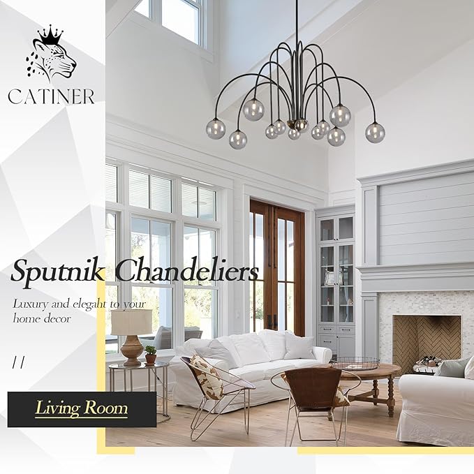 CATINER Modern Black Chandelier 12 Lights Sputnik Chandelier Large L52” Mid Century Ceiling Pendant Light Fixtures with Smoke Glass Globe Shades for High Ceiling Living Dining Room Foyer Staircase