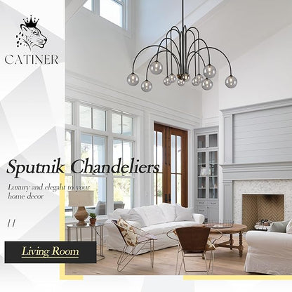 CATINER Modern Black Chandelier 12 Lights Sputnik Chandelier Large L52” Mid Century Ceiling Pendant Light Fixtures with Smoke Glass Globe Shades for High Ceiling Living Dining Room Foyer Staircase