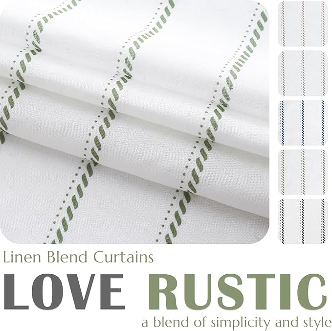 jinchan Linen Striped Kitchen Curtains Tier Cafe Curtains for Living Room Bathroom RV 36 Inch Farmhouse Rustic Half Window Treatment Light Filtering 2 Panels Green on White