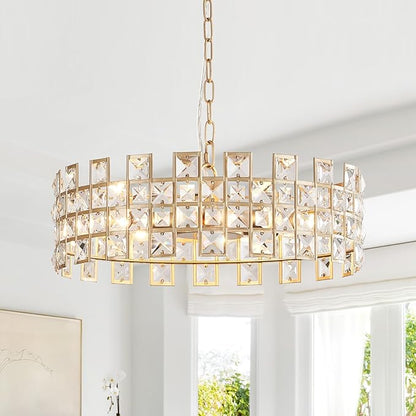 CATINER Gold Crystal Chandelier 18'' Round, Modern 6-Light Semi Flush Mount Ceiling Light, Adjustable Hanging Crystal Pendant Light with G9 Base for Kitchen Island, Dining Room, Bedroom, Entryway