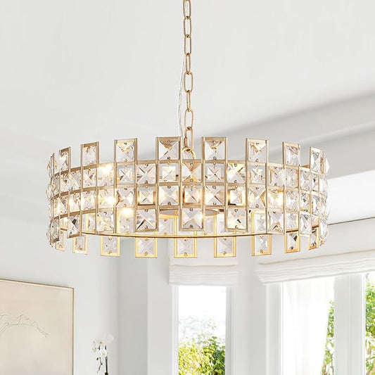 CATINER Gold Crystal Chandelier 18'' Round, Modern 6-Light Semi Flush Mount Ceiling Light, Adjustable Hanging Crystal Pendant Light with G9 Base for Kitchen Island, Dining Room, Bedroom, Entryway