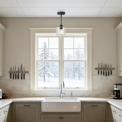 Black Pendant Lights Kitchen Island 2 Pack, Modern Clear Glass Hanging Light Fixtures with Rods, Mini Kitchen Pendant Lighting Over Island for Sink Bathroom, OS-YQ8153-2PBKC