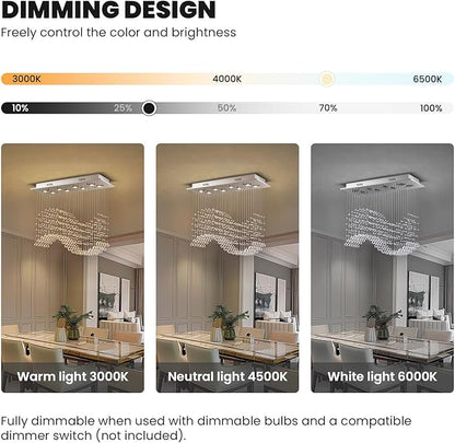 Rectangular Wave Raindrop Chandelier, Flush Mount Crystal Chandelier, Rectangle Pendant Ceiling Light Fixture for Dining Room,Kitchen Island, Living Room, L31.5×W11.8×H32.3