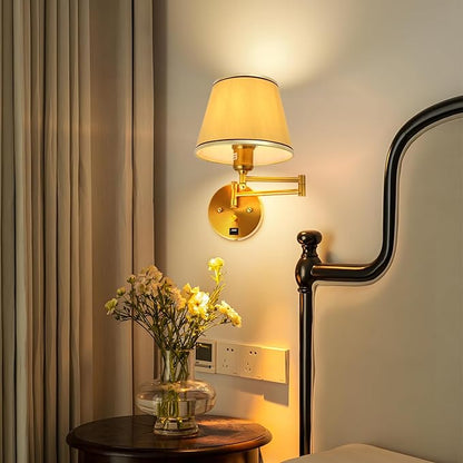 Plug-in Wall Sconce Swing Arm 1-Light Wall Mount Lamp with USB Charging Port Wall Sconce Lighting with Dimmable On Off Switch Gold Fabric Shade Brass Wall Lamp Light Fixture