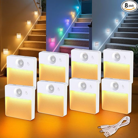 Guankai 8 Pack Rechargeable Motion Sensor Stair Light for Indoor, RGBW Battery Operated Closet Lights, Stick On Night Lamp, Motion Activated Magnetic Lighting Lamps for Step,Cabinet,Hallway,Bathroom