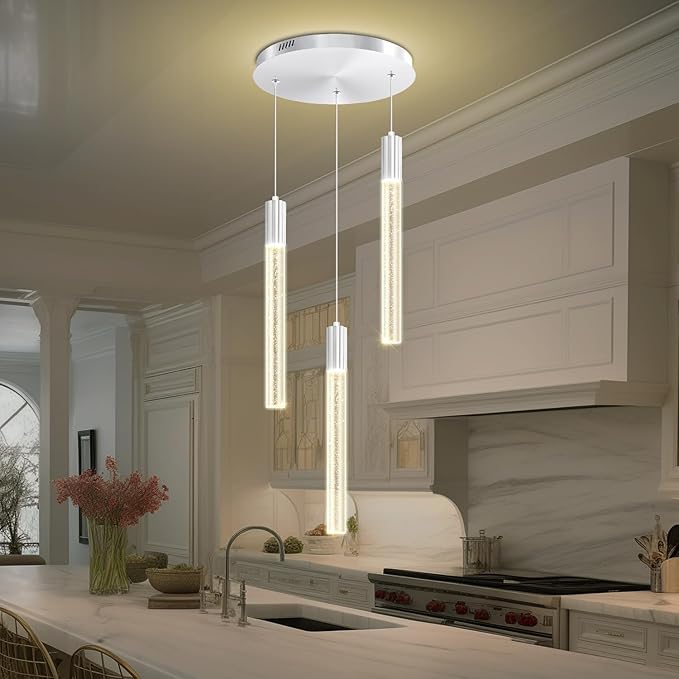 Modern LED Bubble Crystal Chandelier Dimmable Pendant Light Kitchen Island Dining Room Living Room Foyer Corner Hanging Ceiling Fixture Silver 3-Light