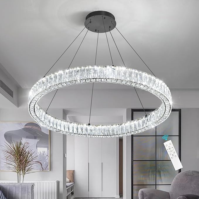 HAIXIANG Modern Crystal Chandelier Dimmable LED Ring Pendant Chandeliers Light Adjustable Glam Hanging Lighting Fixtures for Dining Room Living Room Bedroom Black Light
