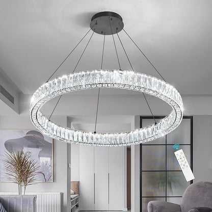 HAIXIANG Modern Crystal Chandelier Dimmable LED Ring Pendant Chandeliers Light Adjustable Glam Hanging Lighting Fixtures for Dining Room Living Room Bedroom Black Light