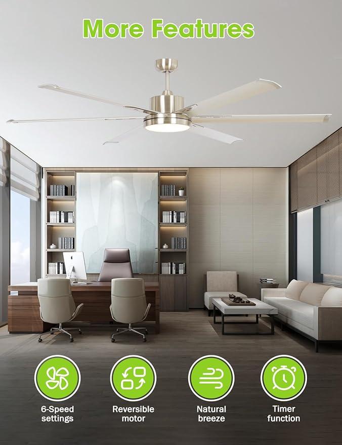 65-Inch DC Motor Ceiling Fan with LED Light, 6 Aluminum Blades, Remote Control, Sand Nickel Finish, 2700K Warm White, Energy Efficient Indoor Ceiling Fan for Living Room & Bedroom