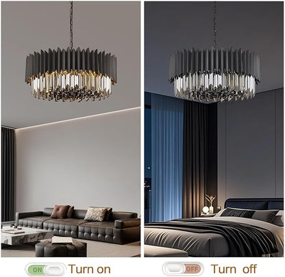 8-Light Large Crystal Chandeliers 24" Dining Room Light Fixture 5 Tiers Flush Mount Smoke Gray and Black Crystal Chandelier Round Pendant Light for Kitchen Living Room Entryway Foyer