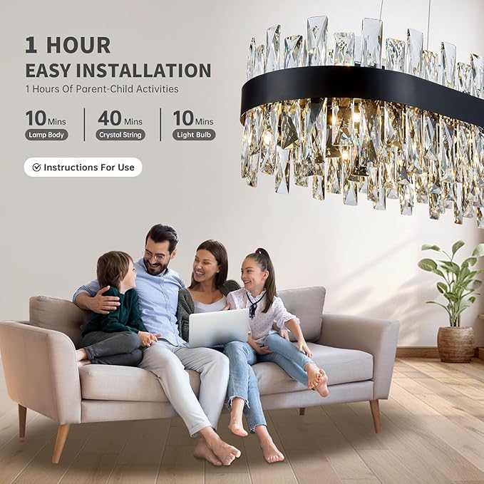 Modern Black Crystal Chandelier for Dining Room, Rectangle K9 Crystal Raindrop Chandelier Lights, Contemporary Ceiling Hanging Light Fixtures for Kitchen Island Dining Room, Length 35.4 inches