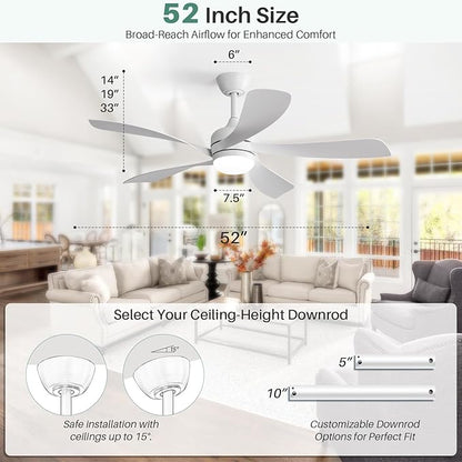 CACI Mall 52 inch Smart Ceiling Fan with Lights, Remote Control, Compatible with Alexa/Google/App, 5 Blades, Dimmable Lighting, Quiet, Indoor/Outdoor Ceiling Fans for Living Room, Bedroom, Patios