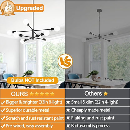 MQMQA Sputnik Chandeliers Dining Room Light Fixture (8-Light, 30-Inch), Modern Black Chandelier, Height Adjustable Mid Century Modern Chandeliers for Dining Room Kitchen Island (Bulbs Not Included)
