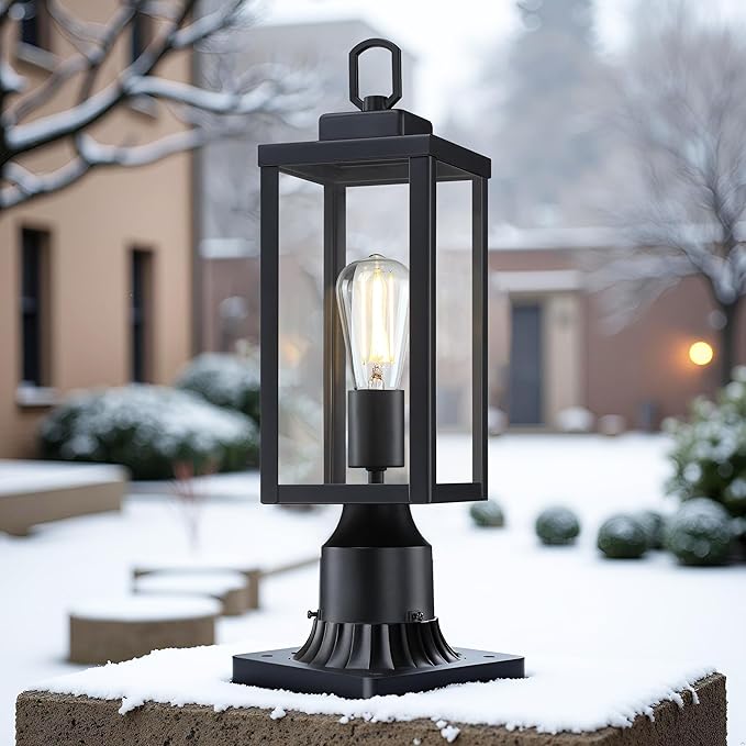 GRUENLICH Outdoor Post Lighting Fixture Pole Lantern, E26 Medium Base Max 60W, Metal Housing Plus Glass, Matte Black Finish, Bulb Not Included, 2 Pack