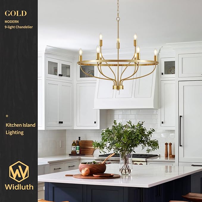 30" Modern Gold Chandelier Light Fixture Vintage 9-Lights Mid Century Modern Candle Style Chandeliers Rustic Industrial Golden Chandelier for Dining Room, Kitchen Island, Living Room, E12