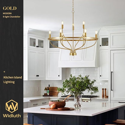 30" Modern Gold Chandelier Light Fixture Vintage 9-Lights Mid Century Modern Candle Style Chandeliers Rustic Industrial Golden Chandelier for Dining Room, Kitchen Island, Living Room, E12
