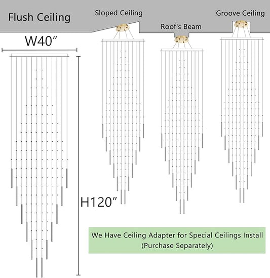 HAIXIANG W40 x H120 Glam Chandelier with LED Bulbs Crystal Raindrop High Ceiling Pendant Light for Entrance Large Villa Chandelier Foyer Lighting Fixtures Gold