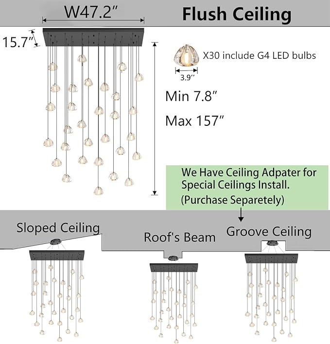 HAIXIANG W47.2 x D15.7 x H157 Glam Chandelier Rectangular Chandeliers Bubble Crystal Pendants Light Fixture Dimmable High Ceiling Large Light Black