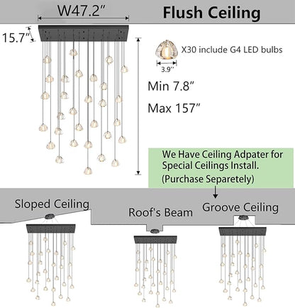 HAIXIANG W47.2 x D15.7 x H157 Glam Chandelier Rectangular Chandeliers Bubble Crystal Pendants Light Fixture Dimmable High Ceiling Large Light Black