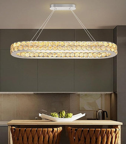 40'' Modern Oval Chandelier Crystal Chandeliers for Dining Room Round Ceiling Light Fixture for Living Room Lighting LED Dimmable with Remote Ring Lights Silver