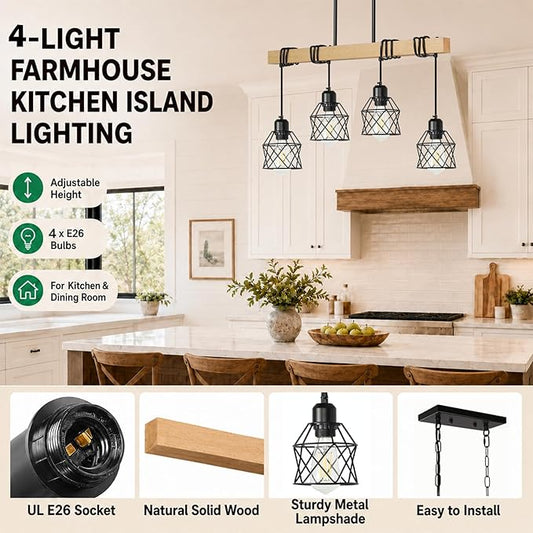 4 Light Farmhouse Kitchen Island Lighting,Dining Room Light Fixture,Adjustable Height Pendant,Real Wood and Black Metal Cage Chandelier for Kitchen,Dining Room