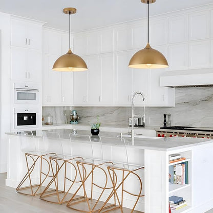Pendant Lighting for Kitchen Island, 2 Pack 12" Dome Pendant Light Fixtures with Gold and White Finish Industrial Hanging Pendant Light for Dining Room