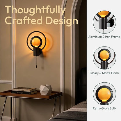 ALAMPEVER Modern Wall Sconce with Pull Chain, Metal Black Wall Lights with G125 Glass Globe Bulb, Wall Mount Light for Enhancing Indoor Ambience in Bedroom, Living Room, and Hallway, 1 Pack