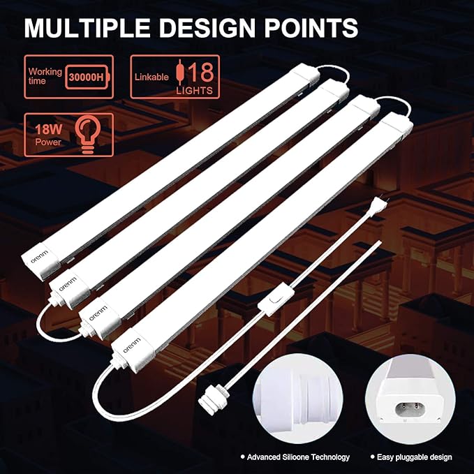 orenm Plug and Play Linkable Waterproof LED Tube Light 2FT 18W 5000K with Switch Cord Easy Installed on Ceiling or Wall Without Wiring for LED Garage Light Under Cabinet Light LED Shop Light (2FT)
