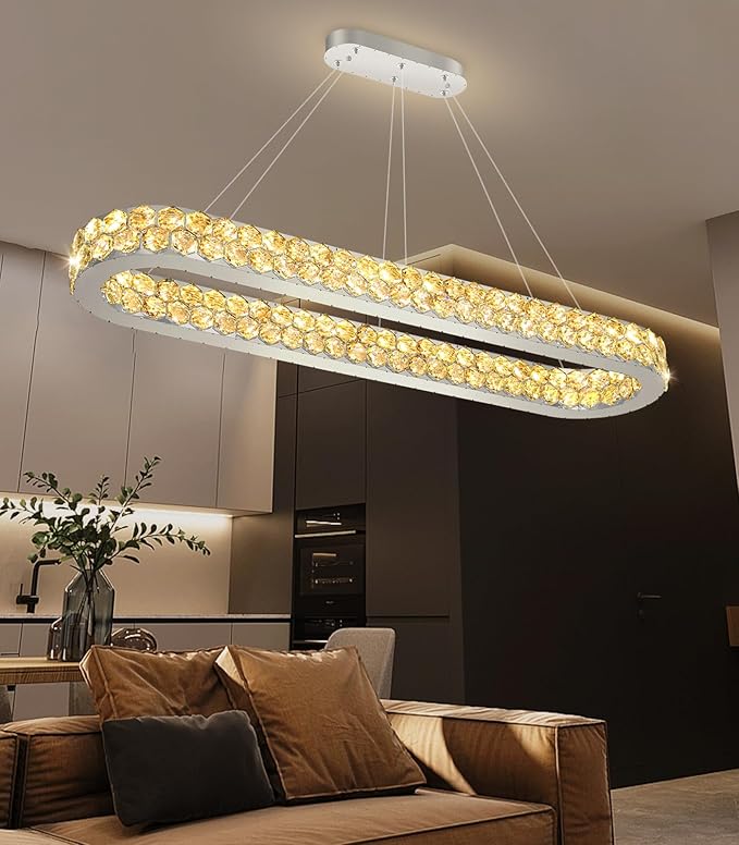 47'' Modern Oval Chandelier Crystal Chandeliers for Dining Room Round Ceiling Light Fixture for Living Room Lighting LED Dimmable with Remote Ring Lights Silver