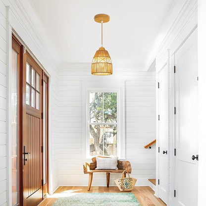 Boho Rattan Pendant Light Kitchen Island,Farmhouse Chandeliers Adjustable Height Hanging lamp for Dining Room,Small Kitchen Ceiling Lights Fixtures with Hand Woven Wicker Lampshade Lighting