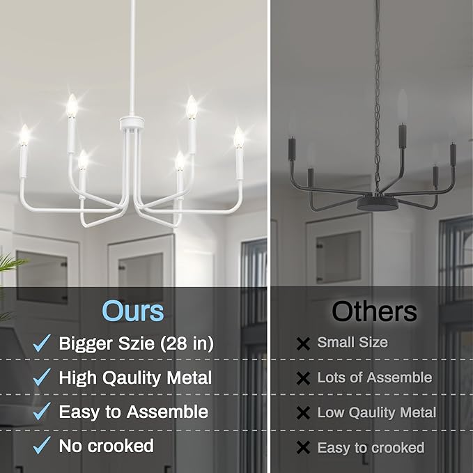 DORESshop Modern Chandelier for Dining Room, 6-Light 28" White Farmhouse Chandelier for Dining Room, Dining Light Fixtures Over Table, Industrial Modern Light for Bedroom Hall Kitchen Living Room