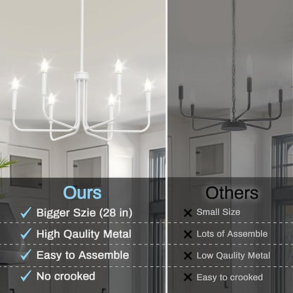 DORESshop Modern Chandelier for Dining Room, 6-Light 28" White Farmhouse Chandelier for Dining Room, Dining Light Fixtures Over Table, Industrial Modern Light for Bedroom Hall Kitchen Living Room