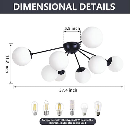 Bagood 8 Light Mid Century Modern Semi Flush Mount Ceiling Light Fixture Globe Ceiling Light Sputnik Chandelier with Milk Glass Shade Matte Black Finish for Bedroom Hallway Dining Room Living Room