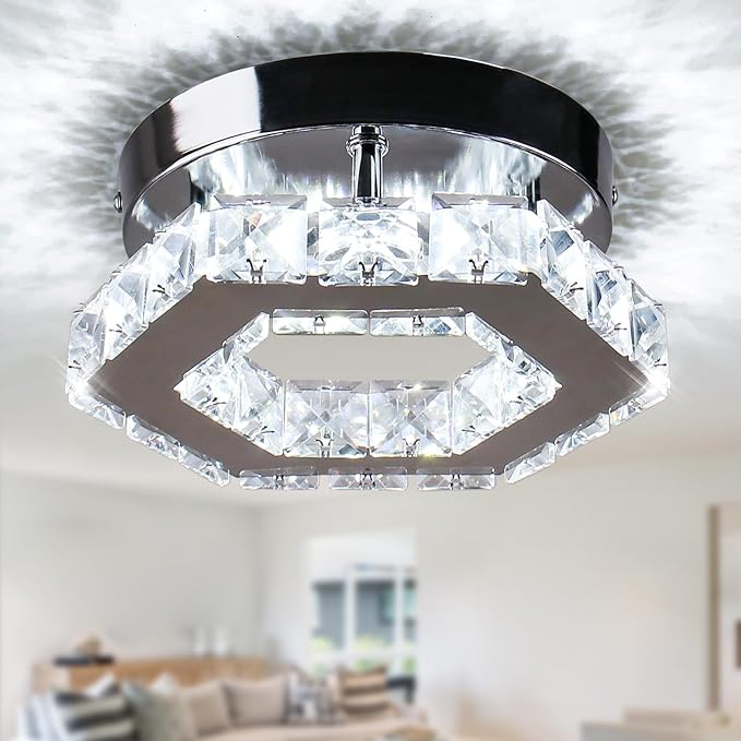 Mini Chandelier Crystal LED Ceiling Light Fixture Modern Pendant Lamp Semi Flush Mount Crystal Ceiling Lighting for Hallway Staircase Staircase Kitchen Bedroom Dinning Room(Cool White)