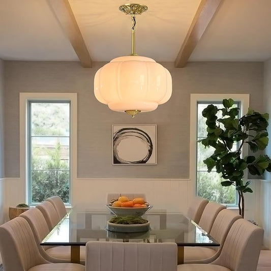 Milk Glass Pendant Light, 15 Inch White Handblown Shade with Antique Brass Hardware, Adjustable Hanging Rod Vintage Chandelier, Dimmable E26 Base Fixture for Kitchen Island, Dining Room, Livingroom