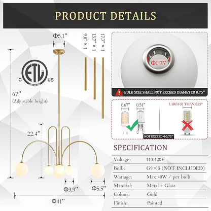 CATINER Gold Sputnik Chandelier,6 Lights Large Modern Chandelier L40”Mid Century Long Ceiling Pendant Light Fixtures for Dining Room with Milk Glass Globe Shades for High Ceiling Foyer Living Room