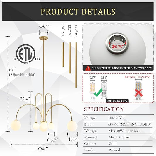 CATINER Gold Sputnik Chandelier,6 Lights Large Modern Chandelier L40”Mid Century Long Ceiling Pendant Light Fixtures for Dining Room with Milk Glass Globe Shades for High Ceiling Foyer Living Room