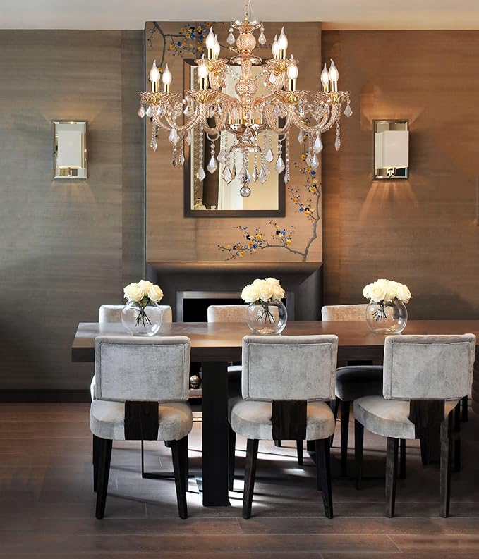 Luxury K9 Crystal Chandelier 12 Lights, Amber Gold Crystal Lighting Pendant Ceiling Fixture Modern Crystal Candle Chandeliers Lamp for Living Room, Kitchen, Foyer (12 Ligths)
