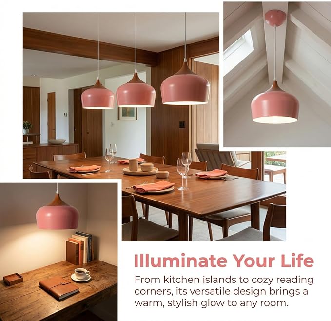 Modern Pendant Light Fxtures Kitchen, Hanging Light Fixtures Ceiling Mount, Wood Metal Shade Pendant Lamp for Dining Room, Bedroom, Living Room, Bathroom, Entryway, Small Chandelier, Pink