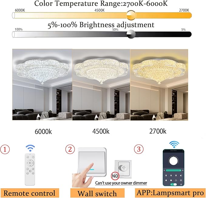 32in Modern Crystal handeliers for Living Room,Large Crystal Chandelier with Remote Control Flush Mount Chandeliers for Bedrooms Dining Room Dimmable 2700K-6000K