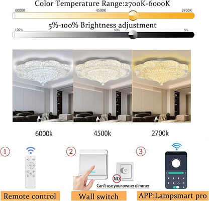 32in Modern Crystal handeliers for Living Room,Large Crystal Chandelier with Remote Control Flush Mount Chandeliers for Bedrooms Dining Room Dimmable 2700K-6000K
