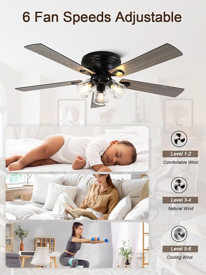 52 Inch Flush Mount Vintage Ceiling Fan with Lights and Remote, Farmhouse Rustic Ceiling Fan Antique Fandelier Chandelier for Bedroom Living Room Low Profile, 3 E26 Bulbs (Not Included)