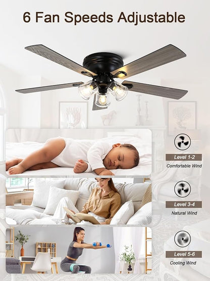 52 Inch Flush Mount Vintage Ceiling Fan with Lights and Remote, Farmhouse Rustic Ceiling Fan Antique Fandelier Chandelier for Bedroom Living Room Low Profile, 3 E26 Bulbs (Not Included)