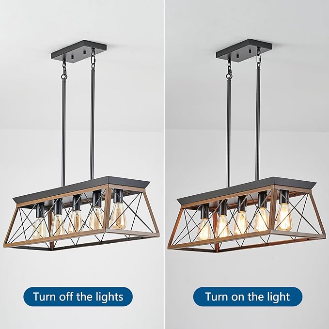 5-Light Dining Room Chandelier Over Table, Farmhouse Kitchen Island Lighting, Adjustable Height Chandeliers for Kitchen, Dining Room Table Walnut