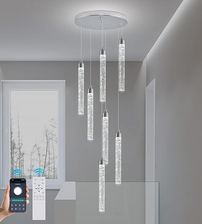 Crystal Staircase Chandelier, Modern Chrome Spiral Dimmable LED Cluster Raindrop Foyer Chandelier Lighting, Bubble Living Room Hanging Light Fixture 7 Light Remote Control