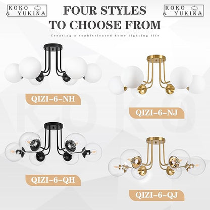 KoKo&Yukina 6-Light Modern Semi Flush Mount Ceiling Light Fixture Mid Century Ceiling Light Globe Ceiling Light with Clear Glass Shade Matte Black Finish for Bedroom Hallway Dining Room Living Room