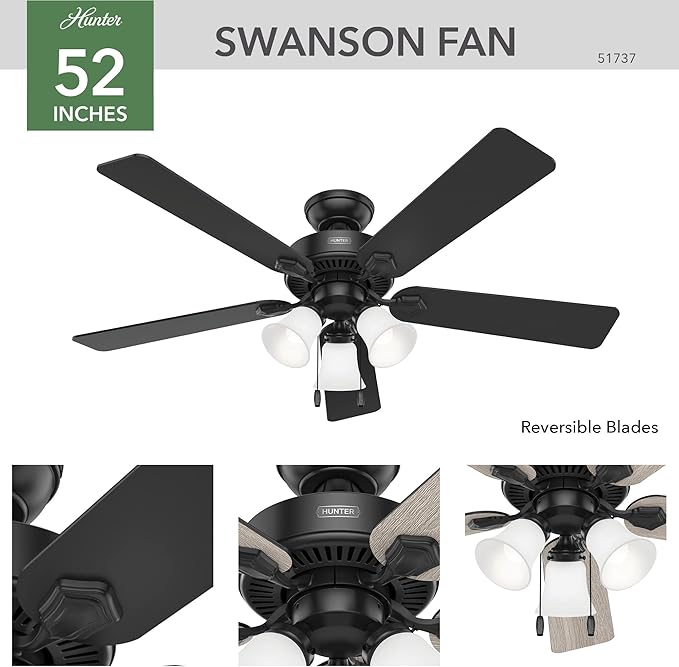 Hunter 52 inch Indoor Ceiling Fan with LED Lights - Black Ceiling Fan with Pull Chain, for Bedroom, Living Room, or Kitchen, Standard Mount, No Remote, 5 Blades - Swanson 51737, Matte Black