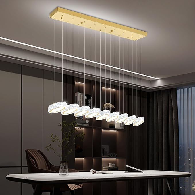 Rectangular Crystal Chandelier for Dining Room Pendant Chandelier for Kitchen Modern Linear Crystal Chandeliers Over Table Gold 9 Lights