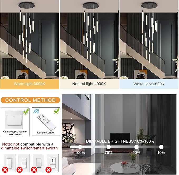 GEADI Modern LED High Ceiling Chandelier with Remote Control,16 Lights Crystal Foyer Chandeliers for High Ceilings,Black Dimmable Long Pendant Light for Staircase Entryway Living Room
